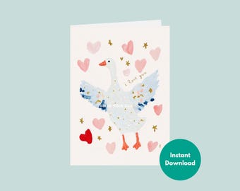 Printable Goose Love Card | I Love You Bird Greeting Cute Hand Painted Wing Spread Animal Card Colorful Heart Whimsical Digital Download 5x7