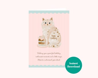 Whimsical Magical Cat Birthday Card | Cute White Kitty with Cake & Stars | Purrfect Pink Striped Bday Note | 5x7 Folded DIY Ready to Print