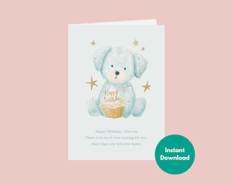 Sweet Hand Drawn Dog Birthday Card | Adorable Puppy with Party Hat & Gift | Cute Frenchie Style Bday Note | 5x7 Folded DIY Ready to Print