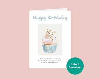 Inspirational Birthday Card | Hope and Success Message | Gold Sprinkle Cupcake Illustration | 5x7 Folded DIY Ready to Print | Digital