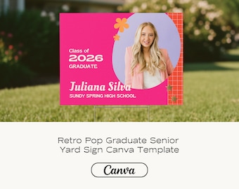 Congratulations Senior Graduation Yard Sign | Editable Hot Pink Floral Circle Name Sign Canva Template Class of 2026 | Instant Download