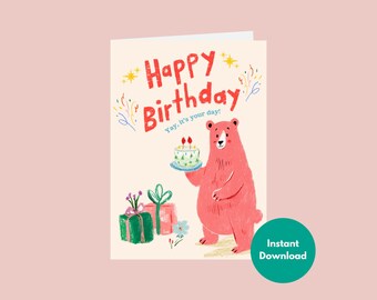 Cute Pink Bear Birthday Card | Fun Animal Illustration with Cake | Soft yellow Aesthetic Birthday | 5x7 Folded DIY Ready to Print | Digital