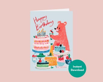Pink Bear Birthday Card | Fun Animal Illustration holding Cake | Retro Folk Art Style Bday Note | 5x7 Folded DIY Ready to Print | Digital