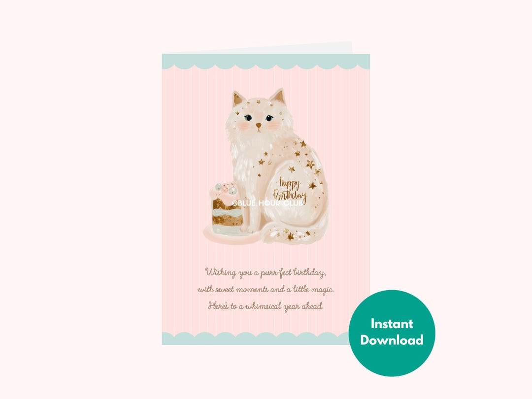 Cat Birthday Card Printable Fluffy Kitten Cake Gold Stars Pastel ...