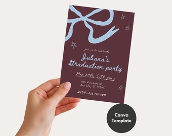 Coquette Graduation Party Invitation Template | Bow Star Navy Pink Grad Invite | Editable Canva Class of 2025 Announcement | Printable Evite