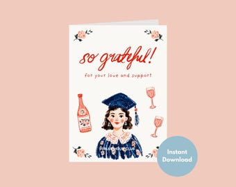 So Grateful Graduation Thank You Card | Hand Drawn Senior Appreication Note | 5x7 Folded DIY Greeting | Floral Class of 2026 Ready to Print