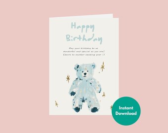 Blue Star Bear Birthday Card | Whimsical Artistic Animal Illustration | Dreamy Gold Sparkle Bday Note | 5x7 Folded DIY | Ready to Print