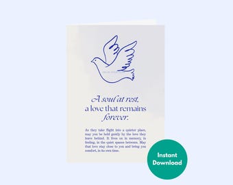 Printable Sympathy Card, Dove Condolence Card, Bereavement Memorial Greeting, Condolence Message and Peace, Instant Download Bereavement 5x7