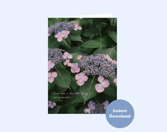 Hydrangea Photo Sympathy Card, Pink Purple Botanical Condolence Printable Greeting Card, Love Remembrance Handwritten Script Digital Note