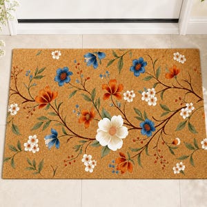 Wildflower Floral Floor Mat,Boho Modern Floral Welcome Mat,Scandinavian Botanical Home Decor,Flower Doormat,Outdoor Welcome Mat