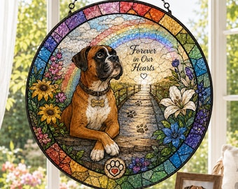 Atrapasueños personalizado en memoria de un bóxer, decoración para ventana con forma de puente arcoíris, regalo de condolencia por la pérdida de una mascota, decoración para ventanas para amantes de los perros, recuerdo de mascotas.