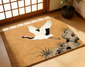Zerbino giapponese con gru e roccia, zerbino di benvenuto giapponese, zerbino con gru coronata rossa, arredamento per la casa ispirato all'Ukiyo-e, regalo di inaugurazione della casa