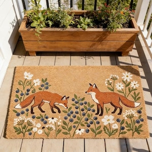 Foxes & Blueberry Doormat,Whimsical Woodland Entryway Decor,Nature Welcome Mat,Wildflower Door Mat,Fox Doormat,Housewarming Gift