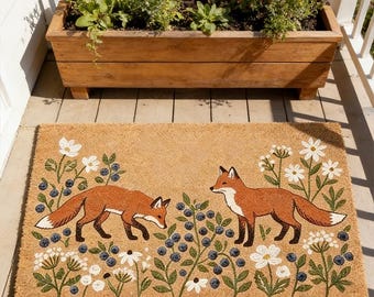 Foxes & Blueberry Doormat,Whimsical Woodland Entryway Decor,Nature Welcome Mat,Wildflower Door Mat,Fox Doormat,Housewarming Gift