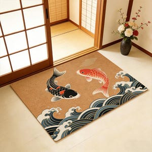 Koi Karper & Golf Deurmat, Japanse Ukiyo-e Decor, Gelukbrengende Welkomstmat, Rood-Zwarte Koi Mat, Japanse Voordeurmat, Housewarming Cadeau
