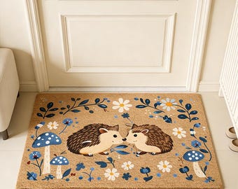 Capacho Casal de Ouriços e Cogumelo, Tapete de Entrada Natureza, Tapete Flores Silvestres, Capacho de Porta, Decoração de Jardim