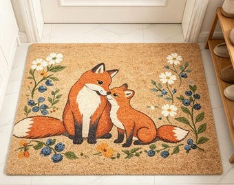 Personalizowana wycieraczka z motywem lisa, słodka mata wejściowa z motywem lisa, mata podłogowa z motywem zwierząt w stylu Cottagecore, spersonalizowana wycieraczka z motywem lisa