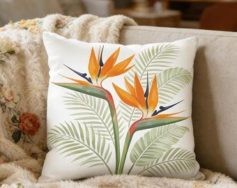 Tropical Bird Of Paradise Throw Pillow,Tropical Floral Throw,Paradise Flower Pillowcase,Queen Flower Pillows,Tropical Decorative Pillow