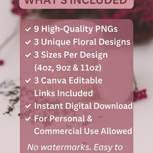 Overview of floral candle label bundle: 9 PNGs, 3 unique designs, 3 sizes per design, editable Canva links included.