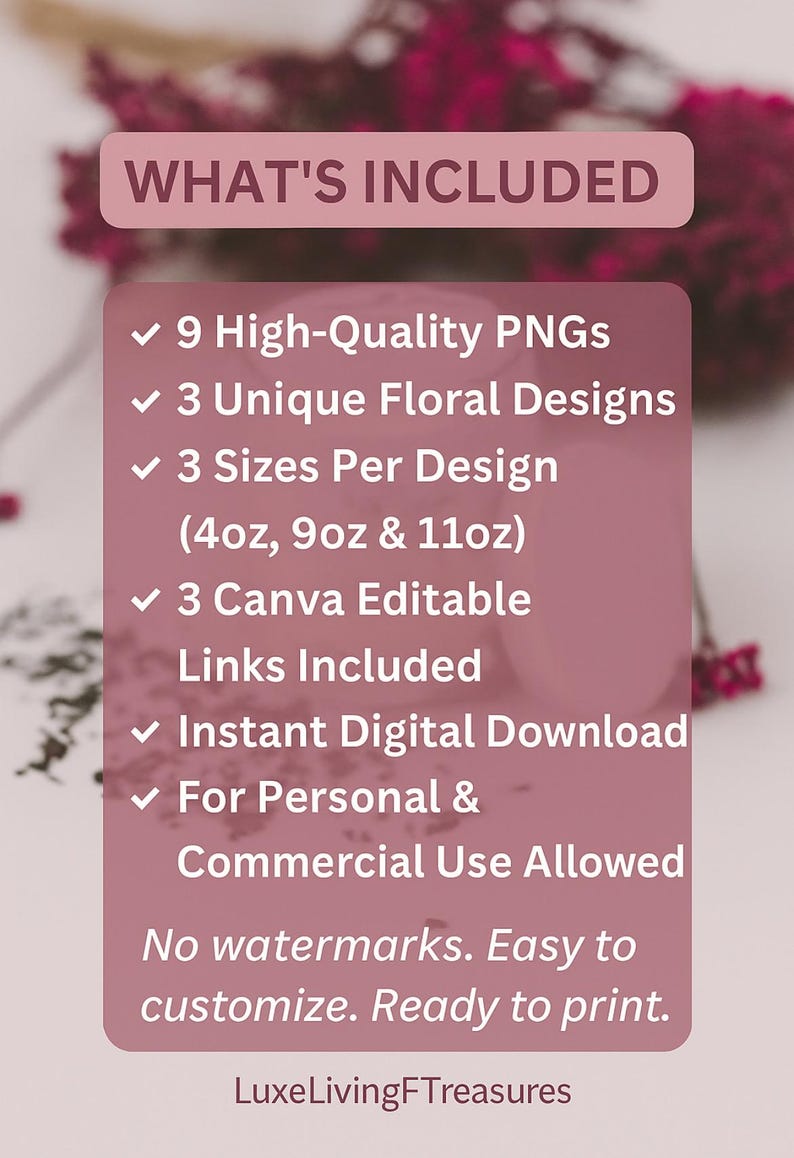 Overview of floral candle label bundle: 9 PNGs, 3 unique designs, 3 sizes per design, editable Canva links included.