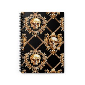 Black & Gold Skull Spiral Notebook – Gothic Journal, Halloween Gift