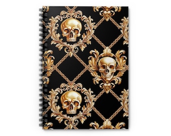 Svart & Guldfärgad Spiral Notebook med Dödskalle – Gotisk Journal, Halloweenpresent