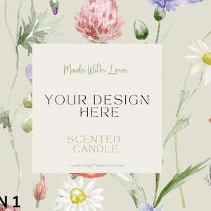 Editable floral candle label with wildflower illustrations and soft pastel palette. Canva printable design.