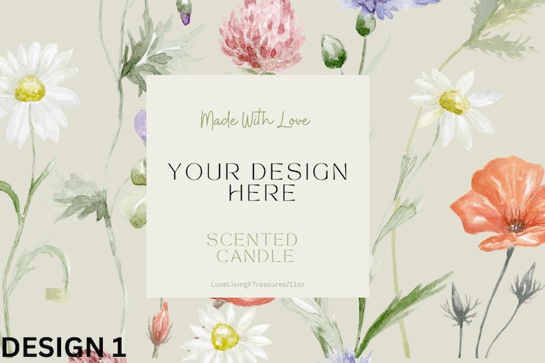 Editable floral candle label with wildflower illustrations and soft pastel palette. Canva printable design.