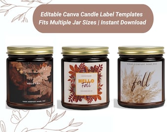 Paquete de etiquetas para velas de otoño: Plantillas editables de Canva (descarga instantánea)
