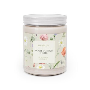 Product mockup of white candle jar with colorful wildflower label. Editable Canva candle label for digital download.