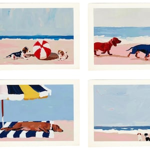 Set de postales de perros playeros: 4 láminas de perros costeros, salchichas de verano y ambiente costero (14,16 x 9,98 cm)