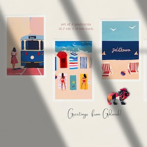 Conjunto de postales de Gdansk: 4 láminas veraniegas ilustradas / Regalo costero polaco