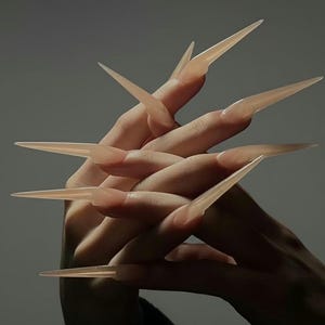 Könnte beinhalten: Nahaufnahme von Händen mit langen, spitzen, hellrosa Acrylnägeln. Die Nägel sind spitz zulaufend und erzeugen einen dramatischen und eleganten Look. Der Hintergrund ist ein weiches, neutrales Grau.