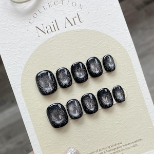 Black Cat Eye 10Pcs Press-On Nails Short Ballerina Style, 10pc Handmade Set