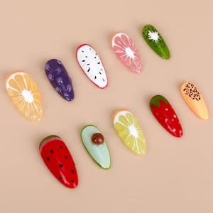 3D Fruity Press On Nails Long Almond, Summer Beach Holiday