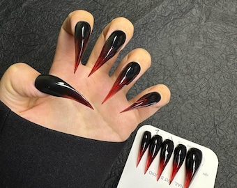 Uñas postizas con garras en rojo sangre, estilo gótico, negro y rojo, estilo stiletto, estilo vampiro, cosplay, largas y puntiagudas, estilo dragón.