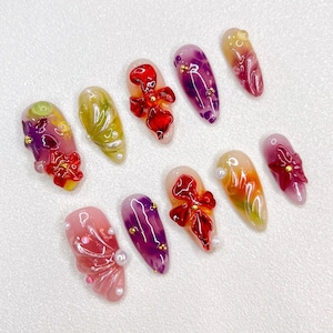 Bloemenpers op nagels 3D zomer lente nepnagels handgemaakt amandel vakantie valse nagels