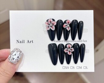 MouyouGlowGlow Press On Nails Kurz – Gothic Schwarz Rose Design, 24 Fake Nägel Mit Kleber