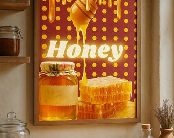 Honig Wand Kunst Vorlage | Rustikaler Küchendruck | Goldene Honigwabe & Glas Poster | Bauernhaus Foodie Dekor