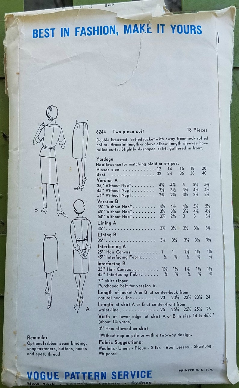 Vintage 60s Suit Pattern Vogue 6244 Size 14 Bust 34