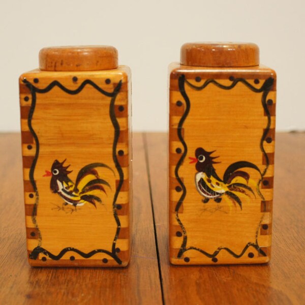Vintage Salt and Pepper Shakers Rooster Woodpecker Wood Ware