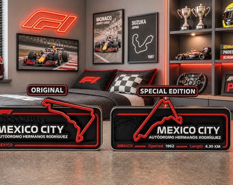 May include: Two rectangular black and red signs featuring the Mexico City Autodromo Hermanos Rodriguez track layout. The left sign is labelled Original, while the right sign is labelled Special Edition and includes text: Opened 1962, Length 4.30 KM.