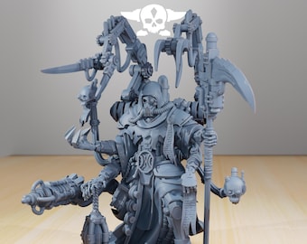 May include: A gray miniature figure of a character with multiple mechanical arms, a gas mask, and a hooded cloak. The figure is holding various tools and weapons, including a scythe and a grenade. The text "STATIONFORGE" is at the top.