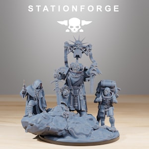 May include: Gray miniature figurines of a warrior and two soldiers. The warrior stands atop a rocky base, holding a sword and a skull-adorned staff. The text "STATIONFORGE" is at the top of the image.