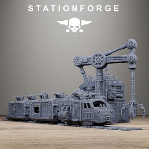 May include: A gray resin miniature train set featuring a locomotive and two cargo cars on tracks. The locomotive has a large mechanical crane arm with a claw attachment extending upward. The text STATIONFORGE appears above a skull logo.