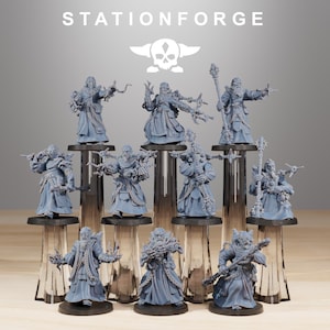 May include: A collection of gray miniature figures, each depicting a robed character with various accessories. The figures are arranged on clear stands, with the "STATIONFORGE" logo and a skull emblem at the top.