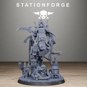 May include: A grey resin miniature figure featuring a hooded character with a gas mask, holding a curved blade. The base includes mechanical components, pipes, and skulls. The text STATIONFORGE and a skull logo appear above the figure.