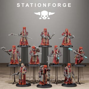 May include: A set of miniature figurines, each wearing red robes and carrying different weapons and tools. The figurines are on black bases and are displayed on a table. The text "STATIONFORGE" and a skull logo are at the top.