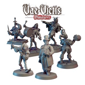 Puede incluir: Un conjunto de figuras en miniatura, que incluyen bufones, un caballero con sombrero de copa y una figura con cuernos de diablo. Las figuras están en varias poses, algunas sosteniendo armas o instrumentos. El texto "Vae Victis Miniatures" está en la parte superior.