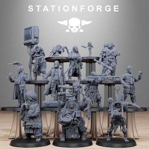 May include: A collection of gray miniature figurines, each depicting a unique character with detailed attire and accessories. The figurines are arranged on tiered platforms, with the text "STATIONFORGE" and a skull logo at the top.